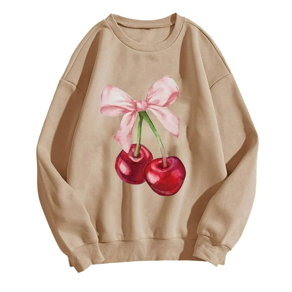 Cherry Bowknot Sweatshirt for Women Cute Oversized Crewneck Pullover Top Juniors Long Sleeve Shirts