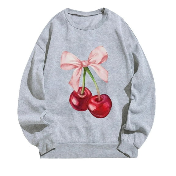 Cherry Bowknot Sweatshirt for Women Cute Oversized Crewneck Pullover Top Juniors Long Sleeve Shirts