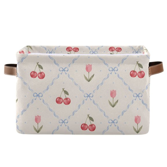 Cherry Bowknot Tulip Foldable Storage Large Fabric Storage Baskets Organizer Storage Bins with Handles for Home Office