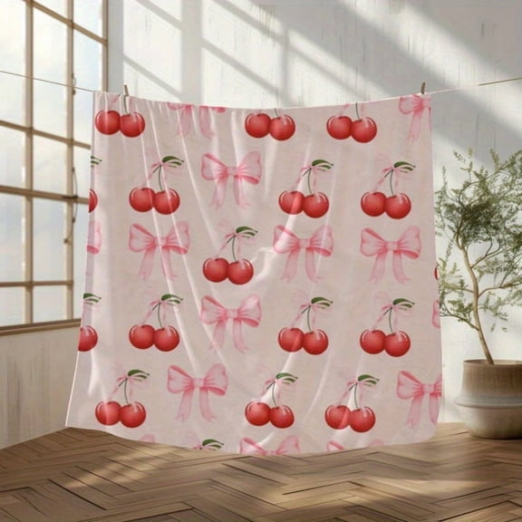 Cherry and Bows Pattern Flannel Throw Blanket – Soft Pink & Red Cherry Pattern with Bows, Cozy All-Season Sofa Blanket, Perfect Housewarming Gift for Friends