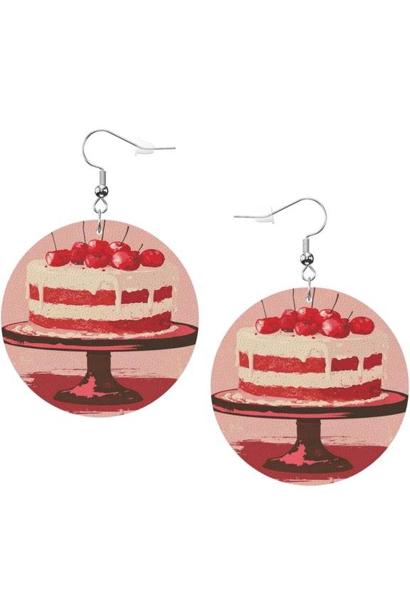 Cherry Cake Earrings suitable for Women PU Leather Dangle Earrings, Lightweight Round Shape Leather Teardrop Dangly Ear Pendants Jewelry Gift[o322]