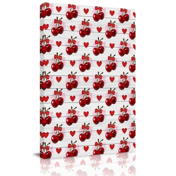 Cherry Canvas Wall Art for Living Room, Watercolor Red Fruit Love Wave Point Wood Grain Wall Decor Framed Artwork Pictures Ready to Hang for Bedroom Office Home Decor