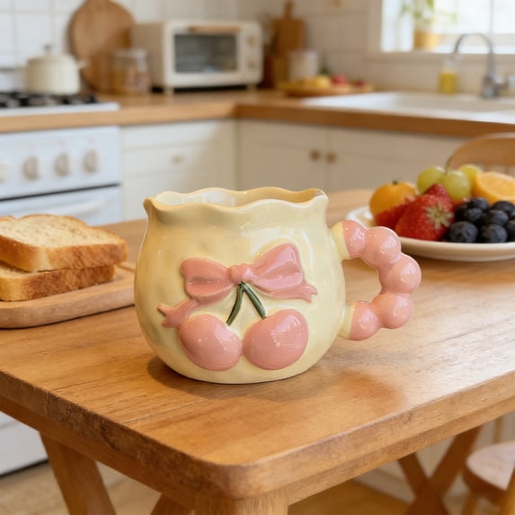 Cherry Ceramic Coffee Mug 11.5 Oz,Irregular Handmade Relief Pink Bow Coffee Ceramic Cup, Floral and Handle, Safe for Microwave & Dishwasher, Cute Personalized Mug for Women