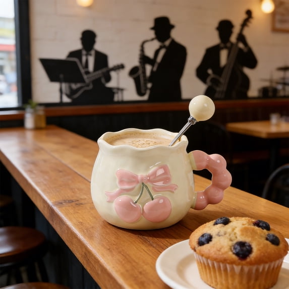 Cherry Ceramic Coffee Mug 11.5 Oz,Irregular Handmade Relief Pink Bow Coffee Ceramic Cup, Floral and Handle, Safe for Microwave & Dishwasher, Cute Personalized Mug for Women