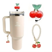Cherry Charms Accessories for Cup, 3D Cherry Straws Toppers 10mm Cute Reusable Silicone Covers Fruit Set for 40 30oz Tumbler Handle Water Bottle Decorations Cup Not Included