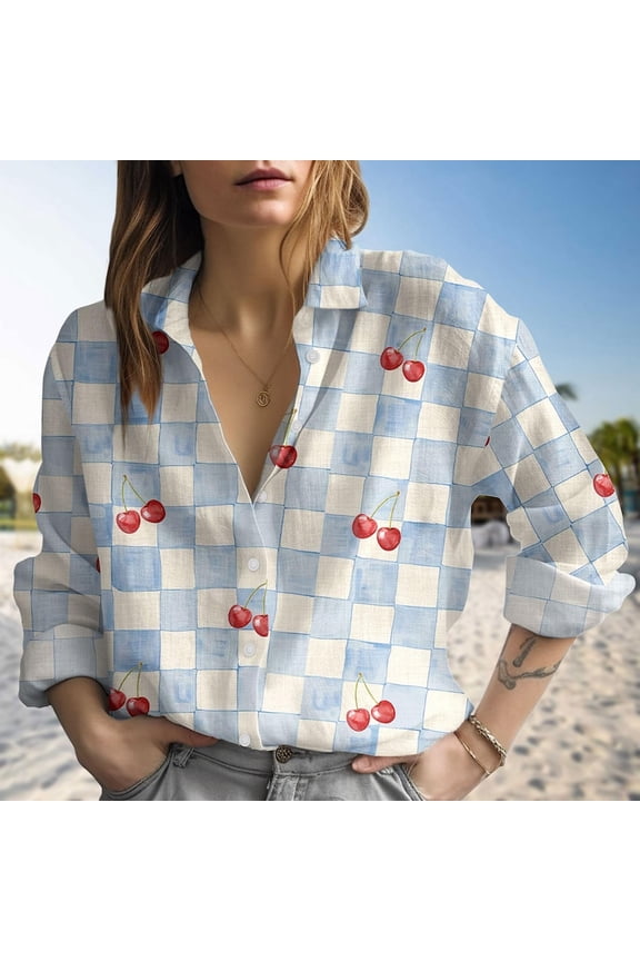 Cherry Checkerboard Blouse, Light Blue Gingham Fruit Shirt For Women, Summer Picnic Aesthetic Shirt, Cute Beach Shirt, Button Down Shirt For Vacation Trip