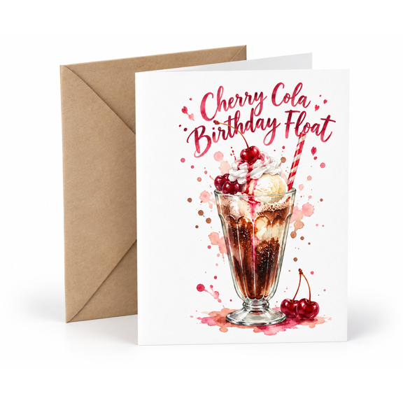 Cherry Cola Birthday Float Card, Soda Float 5x7 Greeting Card, Red Watercolor Drink Card