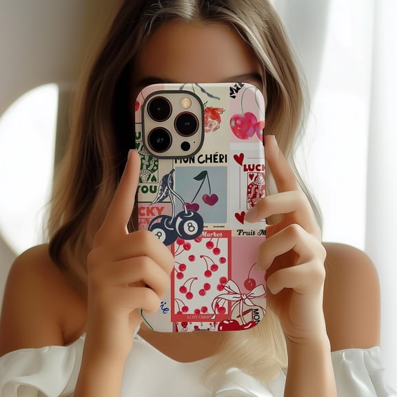 Cherry Collage Tough Phone Case for iPhone - Retro Fruit Coquette Dual-Layer Protective Cover