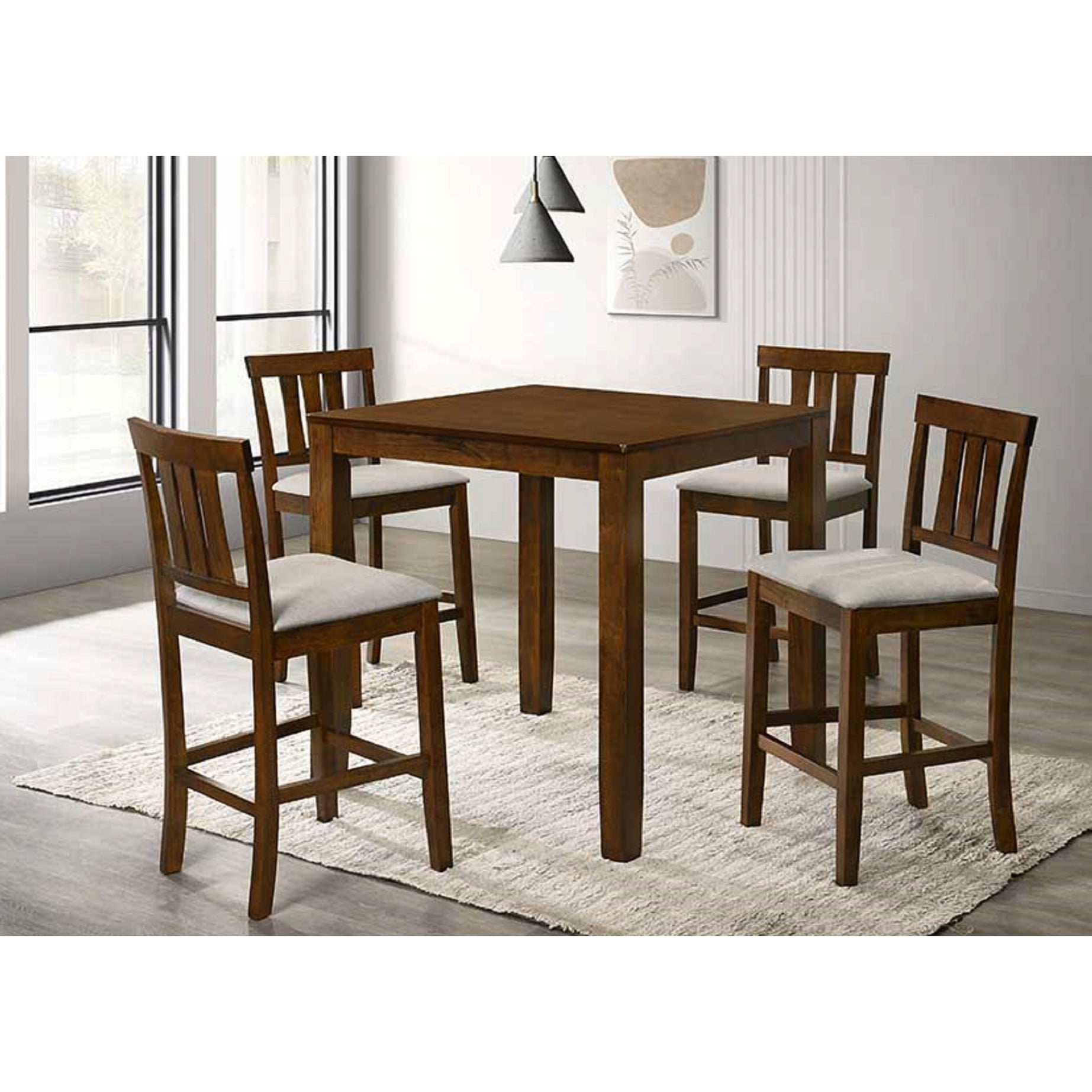 Cherry Color 5Pc Dining Set - Counter Height Square Table with Cream ...