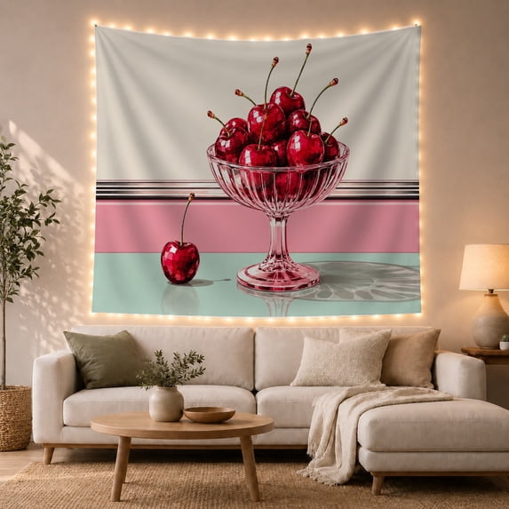 Cherry Compote Dish with Reflective Surface, Nostalgic Retro Style for Cherry Lovers, Cherry Wall Decor Housewarming Gift, Tapestry Wall Hanging for Kitchen and Dorm