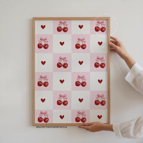 Cherry Coquette Hearts Poster, Retro Pink Valentines Day Decor, 12x18 UNFRAMED