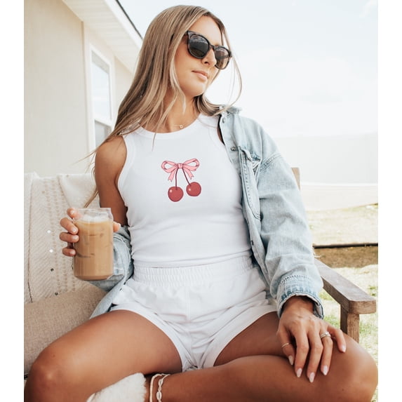 Cherry Coquette Rib Racer Tank, Berries Bow Tank Top, Girly Y2k Rib Racer Tank, Cute Fruit Girls Crop Top, Summer Fruit Tee, Vintage Fruit Tank, 90s Tee