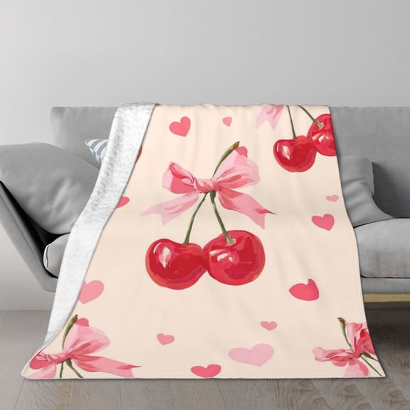 Cherry Coquette Throw Blanket, Pink Bows & Cute Fruit Aesthetic, Soft Plush Flannel Fleece for Sweet Decor 50x40