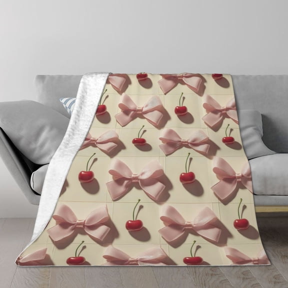 Cherry Coquette Throw Blanket, Pink Bows & Cute Fruit Aesthetic, Soft Plush Flannel Fleece for Sweet Decor 50x40