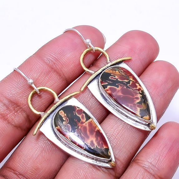 Cherry Creek Jasper -Australia 925 Silver Plated Two Tone Earring 2.03", Cherry Creek Jasper Earring E_8059_349_62