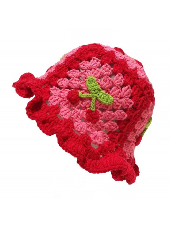 Cherry Crochet Bucket Hat Women Spring Autumn Handmade Knitted Cute Beanies Cap Vacation Traveling Beach Hat