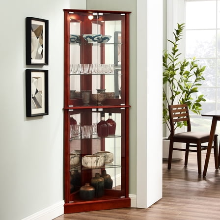 Cherry Curio Display Cabinet - Mirrored Back Lights Adjustable Shelves Home Decor Tempered Glass Corner Traditional Style