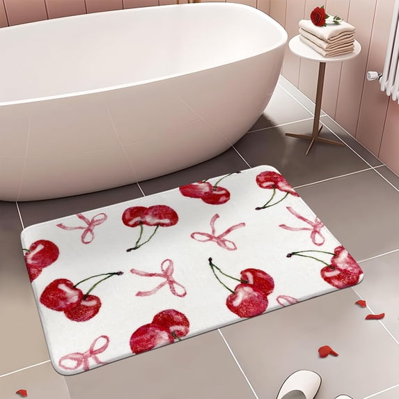 Cherry Cute Bath Mats for Bathroom Decor, Coquette Bow Non-Slip Absorbent Bathroom Rugs, Fruit Fluffy Shower Rug for Bathtub Sink, Washable, Pink 16x24 Inch