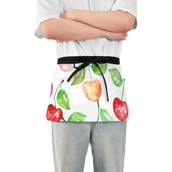 Cherry Cute Waist Apron Adjustable Server Half Apron Kitchen Cooking with 3 Pockets for Men Women