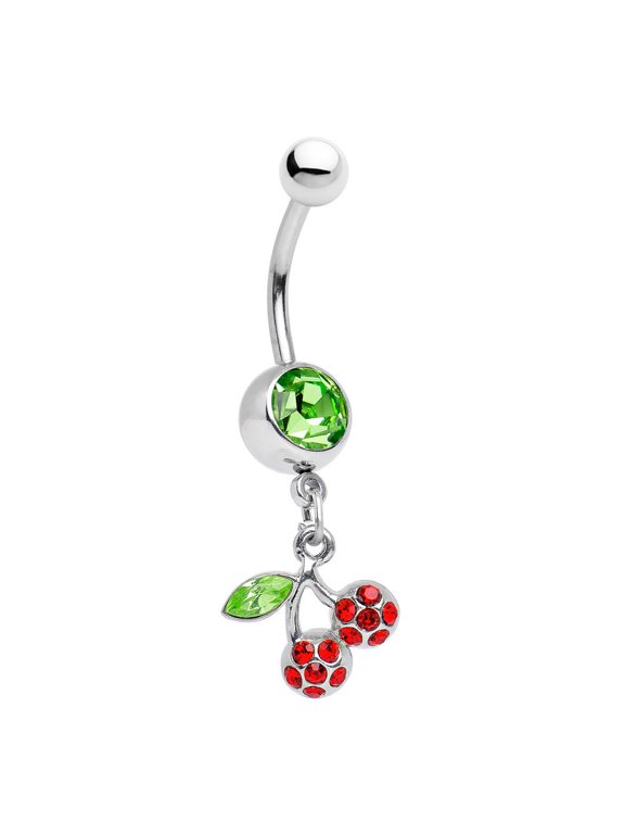 Cherry Dangle Belly Ring with Green and Ruby CZ Gems