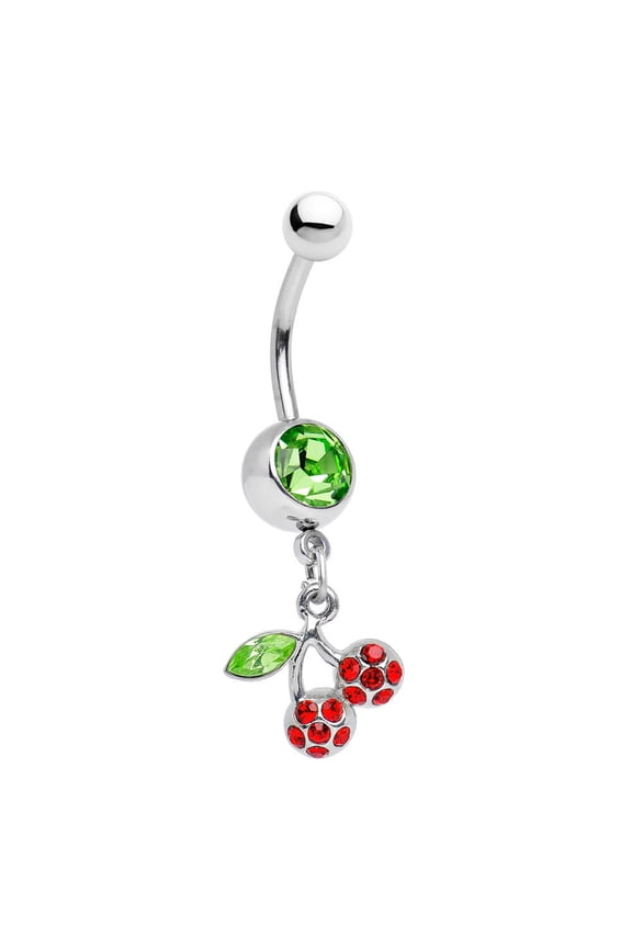 Cherry Dangle Belly Ring with Green and Ruby CZ Gems