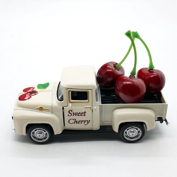 Cherry Decoration,Fruit Metal Truck Decor,Sweet Fruit Metal Truck with Mini 3 Cherries Ornaments,Rustic Farmhouse Vintage Pickup Car Decor for Tabletop Centerpiece Home Kitchen