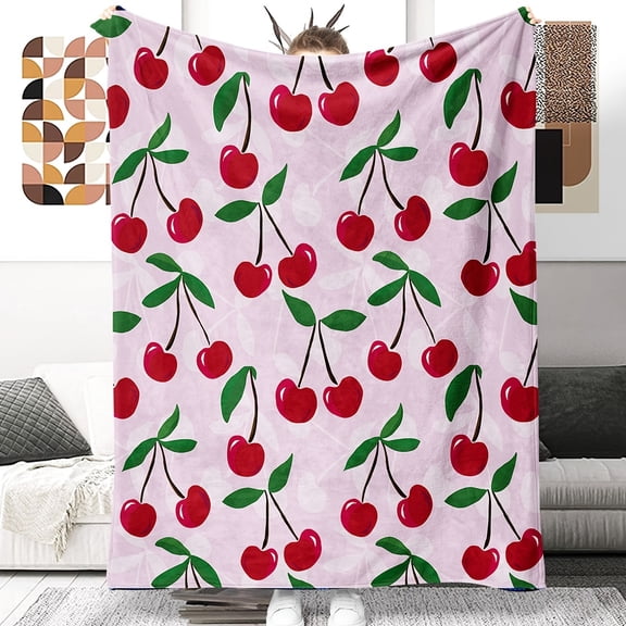 Cherry Digital 3D Printed Flannel Throw Blanket, Pink French Style Fruit & Geometric Pattern, Soft All-Season Comfort for Bed Sofa, Lightweight Polyester, Ideal Gift for Sisters & Holidays
