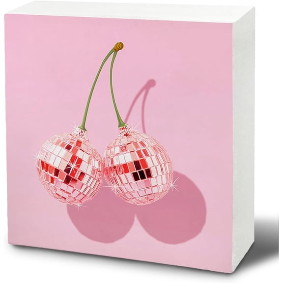 Cherry Disco Ball Decor - Preppy Funky Pink Cherry Disco Ball Wood Signs - Pink Preppy Room Decor Teen Girls, Trendy Pink Room Decor Aesthetic, Preppy Stuff, 7x7 In