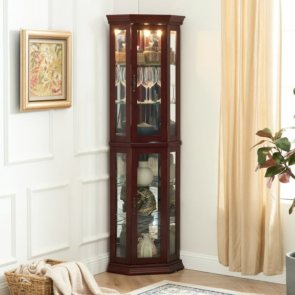 Cherry Display Cabinet, Lights, Tempered Glass Shelves, Mirrored Back Lighted Curio Demonstration With And