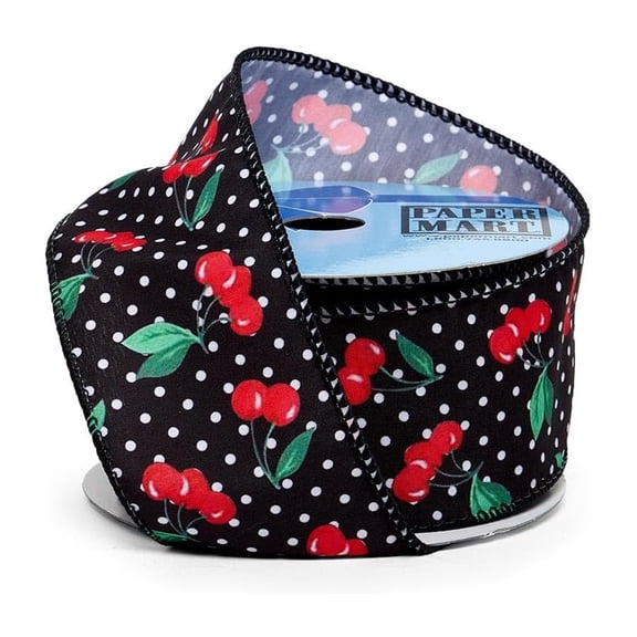 Cherry Dots On Black Wired Ribbon - 2 1/2 Inches Wide X 10 Yards - Cherry Gift Wrap, Fruit Ribbons (56005708)