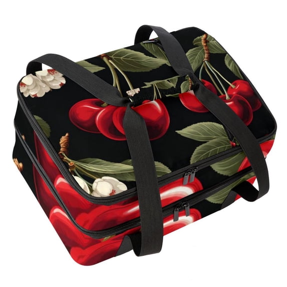 Cherry Double Layered Insulated Lunch Bag with Two Compartments, Large Capacity, Handheld Meal Bag - 7.1x11.4x16.1 inches