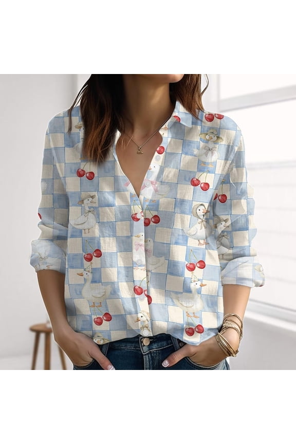Cherry And Duck Linen-Look Shirt,Duck Love Women Shirt,Aesthetic Summer Shirt,Summer Blouse Tops,Womens Button Down Shirts