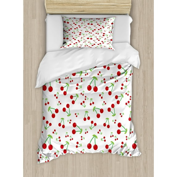 Cherry Duvet Cover Set, Simplistic Layout of Fruit Pattern in Irregular Sizes Summer Fun, Decorative 2 Piece Bedding Set with 1 Pillow Shams, Twin Size, Vermilion Lime Green, by Ambesonne