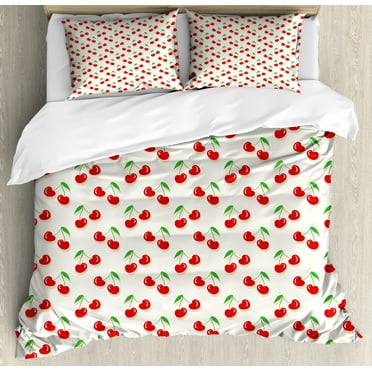 Cherry Duvet Cover Set, Summer Pattern with Cartoon Fruit and Leaves Repeated on a Plain Backdrop, Decorative 3 Piece Bedding Set with 2 Pillow Shams, Calking Size, Vermilion Lime Green, by Ambesonne