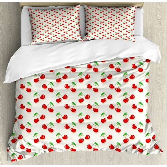 Cherry Duvet Cover Set, Summer Pattern with Cartoon Fruit and Leaves Repeated on a Plain Backdrop, Decorative 3 Piece Bedding Set with 2 Pillow Shams, Queen Size, Vermilion Lime Green, by Ambesonne