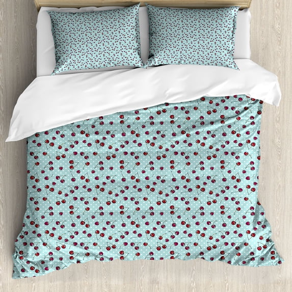 Cherry Duvet Cover Set, Vintage Pattern with Summer Fruit on Nostalgic Dots, Decorative 3 Piece Bedding Set with 2 Pillow Shams, Calking Size, Vermilion Seafoam White, by Ambesonne