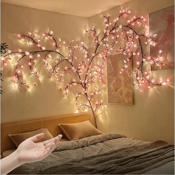 Cherry Enchanted Willow Vine Lights, 4FT 48LED Pink Cherry Blossom Tree Branch Lights for Wall, Remote Timer,8 Light Model,Bedroom Wall Doors Wedding, Christmas, USB Battery Box