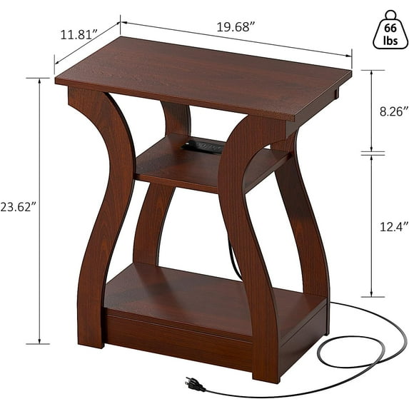 Cherry End Table with Charging Station, 3 Tier Storage Nightstand for Living Room Bedroom