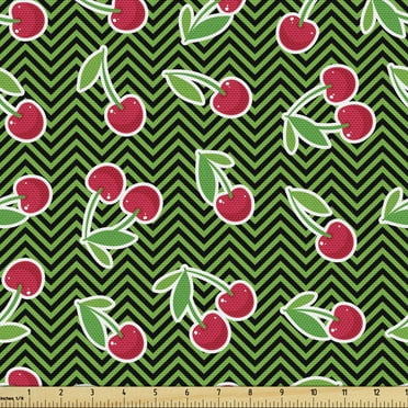 Cherry Fabric by the Yard, Repetitive Fresh Fruits Snack on Zigzag Pattern, Decorative Upholstery Fabric for Chairs & Home Accents, 1 Yard, Emerald Dark Pink by Ambesonne