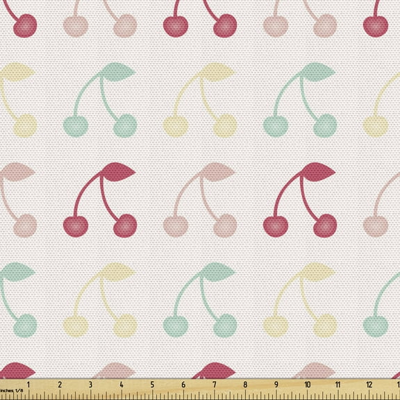 Cherry Fabric by the Yard Upholstery, Symmetric Style Repetitive Colorful Summer Fruit with Retro Inspirations, Decorative Fabric for DIY and Home Accents, 3 Yards, White and Multicolor by Ambesonne