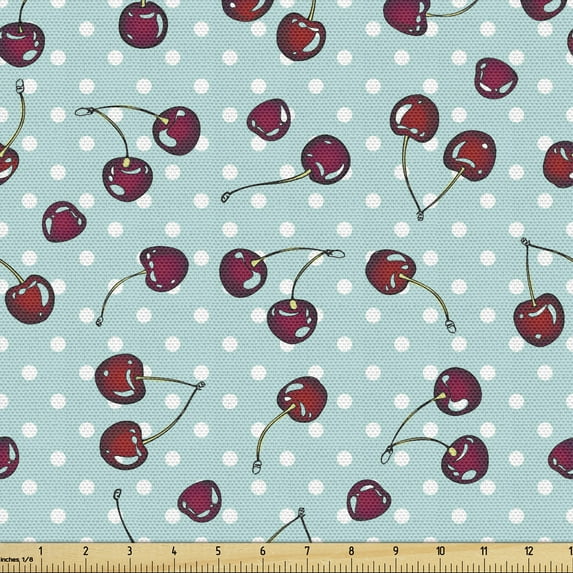 Ambesonne Cherry Fabric by the Yard Upholstery, Fruit on Nostalgic Dots, 2 Yards, Vermilion Seafoam White