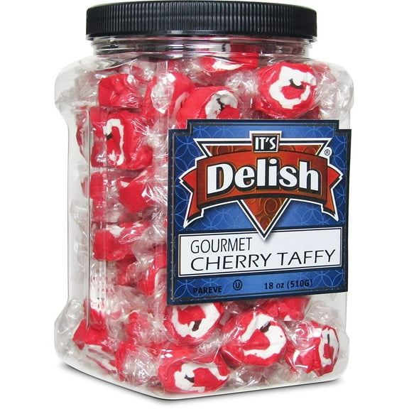 Cherry Fancy Shape Red Taffy Chews by It's Delish, 18 Oz Jumbo Container - Individually Wrapped Gourmet Soft Candy - Great Candy for Red Themed Parties, USA Made,