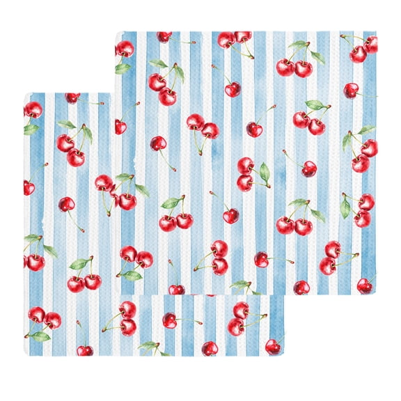 Cherry Farmhouse Kitchen Dish Towels for Drying Dishes Set of 2, Spring Summer Fruit Blue Striped Waffle Weave Microfiber Hand Tea Bathroom Towels Quick Dry & Absorbent Towel 12x12