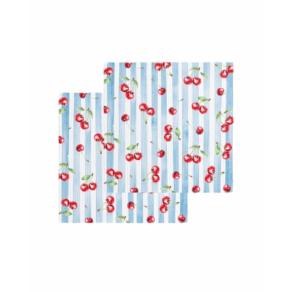 Cherry Farmhouse Kitchen Dish Towels for Drying Dishes Set of 2, Spring Summer Fruit Blue Striped Waffle Weave Microfiber Terry Hand Tea Bathroom Towels Quick Dry & Absorbent Towel 12x12