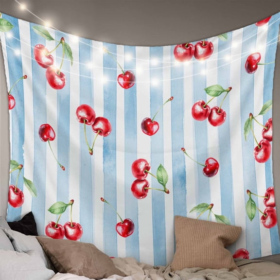 Cherry Farmhouse Tapestry for Bedroom Wall Hanging Tapestry, Spring Summer Fruit Blue Striped Ceiling Backdrop Tapestries Poster Blanket Wall Decor for Teens Room Living Room Dorm 55" x 73"