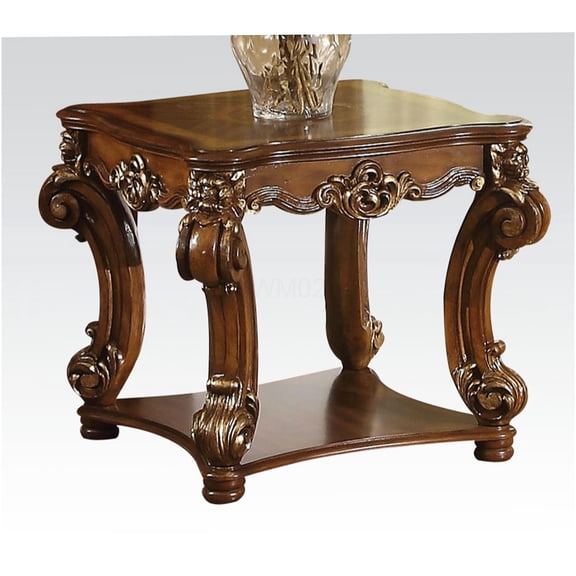 Cherry Finish End Table with Bottom Shelf, Solid Wood and MDF Side Table for Living Room, Sofa Table with Scrolled Legs and Decorative Trim