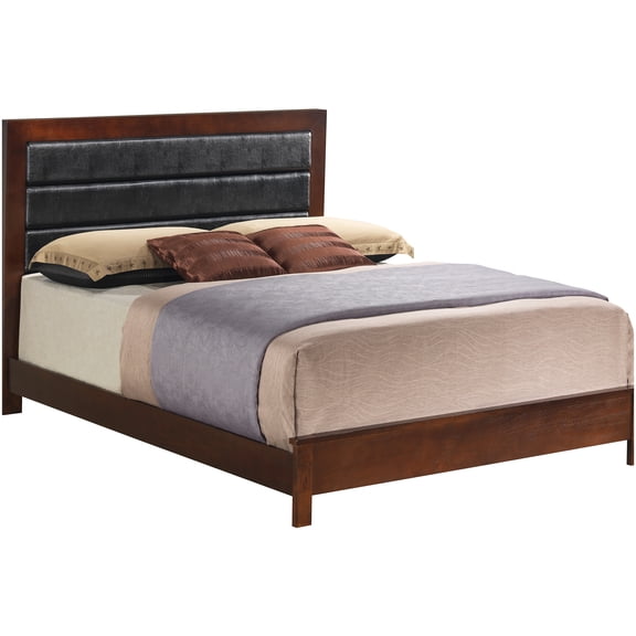 Cherry Finish King Bed Frame with Upholstered Headboard, Wood Platform Bed, Sturdy Particle Board, Easy Setup