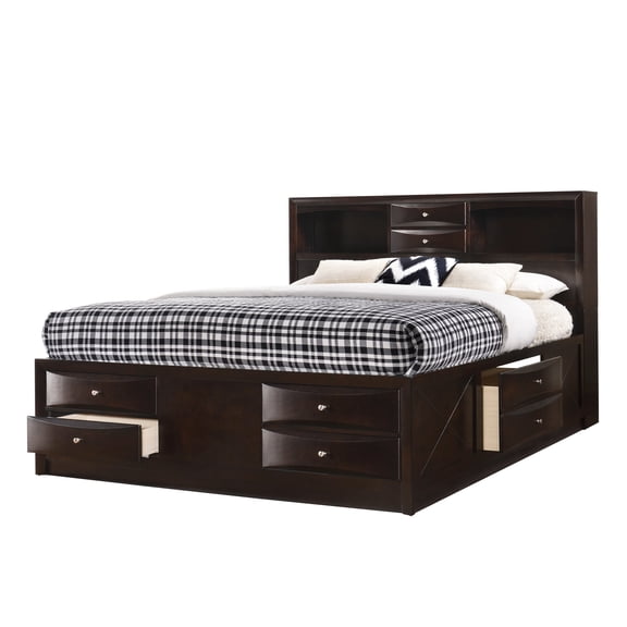 Cherry Finish King Size Platform Bed With Storage Drawers And Bookcase Shelves Contemporary Headboard,
