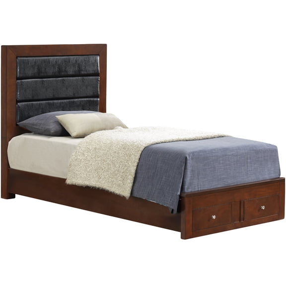 Cherry Finish Twin Platform Bed with Storage Drawers, Low Profile Modern Design