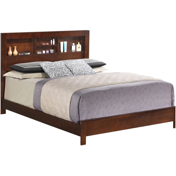 Cherry Finish Wood Platform Bed Frame with Headboard, Full Size, No Box Spring Required, Stable Particle Board Construction